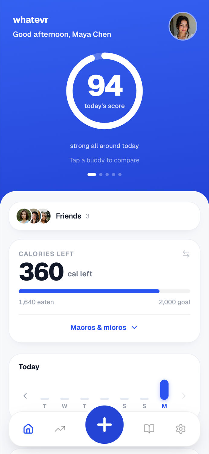 the whatevr home screen with your daily score
